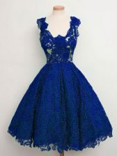  Royal Blue Lace Lace Up Straps Sleeveless Knee Length Court Dresses for Sweet 16 Lace
