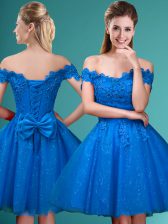 New Style Blue Off The Shoulder Neckline Lace and Belt Damas Dress Sleeveless Lace Up
