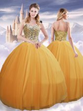 Noble Gold Lace Up 15th Birthday Dress Beading Sleeveless Floor Length