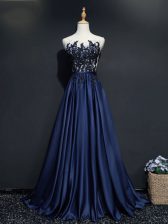 Best Selling Navy Blue Empire Taffeta Scoop Sleeveless Beading and Appliques Zipper Prom Evening Gown Brush Train