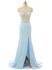  Light Blue Zipper Dress for Prom Beading Sleeveless Brush Train