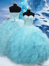 Exquisite Sleeveless Tulle Floor Length Lace Up Quinceanera Gown in Aqua Blue with Beading and Pick Ups