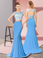 Dramatic Baby Blue Two Pieces Beading and Hand Made Flower Prom Dresses Zipper Chiffon Sleeveless