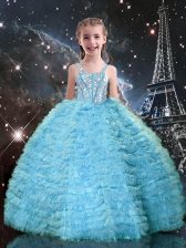  Floor Length Lace Up Child Pageant Dress Aqua Blue for Quinceanera and Wedding Party with Beading and Ruffled Layers