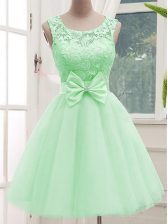 Suitable Lace and Bowknot Damas Dress Apple Green Lace Up Sleeveless Knee Length
