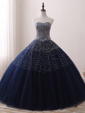 Lovely Navy Blue Lace Up Sweetheart Beading Quinceanera Gown Tulle Sleeveless