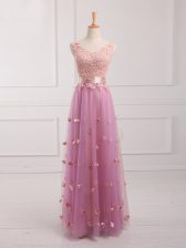 Adorable Lilac Empire Lace and Appliques Court Dresses for Sweet 16 Lace Up Tulle Sleeveless Floor Length
