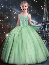  Apple Green Ball Gowns Tulle Straps Sleeveless Beading Floor Length Lace Up Flower Girl Dresses for Less