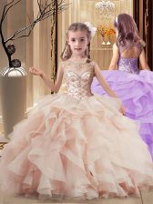  Peach Sleeveless Beading and Ruffles Lace Up Kids Pageant Dress