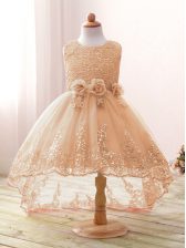  Champagne Ball Gowns Scoop Sleeveless Tulle High Low Zipper Lace and Bowknot and Hand Made Flower Little Girl Pageant Gowns