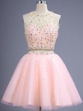 Luxurious Peach Sleeveless Tulle Lace Up Dama Dress for Prom and Party and Wedding Party