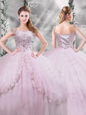 Gorgeous V-neck Cap Sleeves Brush Train Side Zipper Quinceanera Dress Lilac Tulle