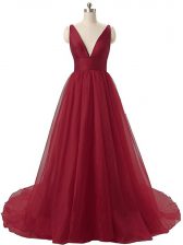 Discount Organza V-neck Sleeveless Brush Train Backless Ruching Prom Gown in Burgundy