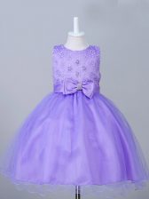 Excellent Eggplant Purple Zipper Kids Pageant Dress Appliques and Bowknot Sleeveless Knee Length