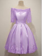 Modest Lace Damas Dress Lavender Lace Up Short Sleeves Knee Length