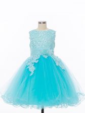 Best Baby Blue A-line Tulle Scoop Sleeveless Appliques and Hand Made Flower Knee Length Zipper Girls Pageant Dresses