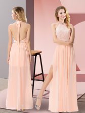 Fancy Peach Sleeveless Floor Length Sequins Backless Prom Party Dress