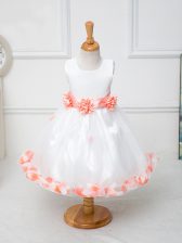  White Scoop Zipper Appliques and Bowknot and Hand Made Flower Kids Pageant Dress Sleeveless
