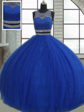 Inexpensive Sleeveless Floor Length Beading and Sequins Clasp Handle Quinceanera Dress with Royal Blue