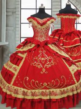 Free and Easy Ball Gowns Quinceanera Gown Red Off The Shoulder Satin and Taffeta Cap Sleeves Floor Length Zipper
