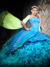 Noble Brush Train Ball Gowns Quinceanera Dress Baby Blue Sweetheart Organza Sleeveless Lace Up