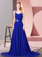  Royal Blue Chiffon Zipper Evening Dress Sleeveless Beading and Ruching