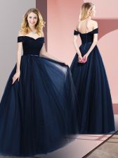 Adorable Floor Length Navy Blue Prom Dresses Off The Shoulder Sleeveless Lace Up