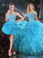  Sweetheart Sleeveless Quinceanera Dress Floor Length Beading and Ruffles Aqua Blue Organza