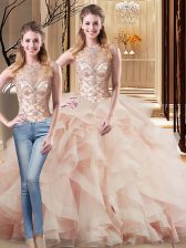 Extravagant Peach Tulle Lace Up Quinceanera Dresses Sleeveless Brush Train Beading and Ruffles