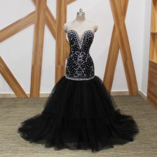  Black Mermaid Beading Prom Gown Lace Up Tulle Sleeveless