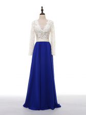  V-neck Long Sleeves Homecoming Dress Floor Length Lace and Appliques Blue And White Chiffon