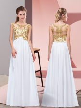  White Empire Scoop Sleeveless Chiffon Floor Length Zipper Appliques Prom Dress