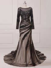 Low Price Black Column/Sheath Chiffon and Tulle Scoop Long Sleeves Lace and Appliques Zipper Prom Gown Brush Train