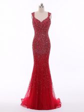  Red Tulle Zipper Prom Gown Sleeveless Floor Length Beading