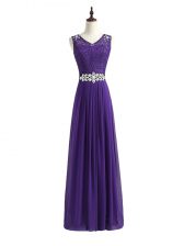 Noble Lavender Empire Chiffon V-neck Sleeveless Beading and Lace Floor Length Zipper Quinceanera Court of Honor Dress