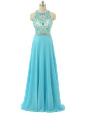 Sexy Sleeveless Floor Length Beading Zipper Prom Dresses with Aqua Blue