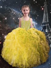 Super Light Yellow Little Girls Pageant Dress Wholesale Quinceanera and Wedding Party with Beading and Ruffles Straps Sleeveless Lace Up