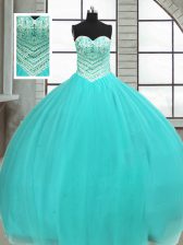 Adorable Sleeveless Tulle Floor Length Lace Up Sweet 16 Dress in Turquoise with Beading