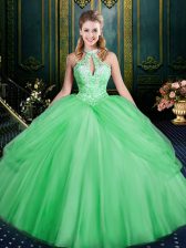  Tulle Halter Top Sleeveless Lace Up Beading and Pick Ups 15th Birthday Dress in Green