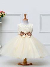  Tulle Scoop Sleeveless Zipper Lace and Bowknot Kids Pageant Dress in Champagne