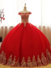 Customized Red Sleeveless Tulle Lace Up 15 Quinceanera Dress for Military Ball and Sweet 16 and Quinceanera
