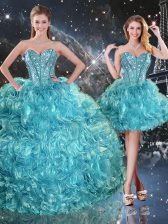  Floor Length Lace Up Quinceanera Dresses Aqua Blue for Military Ball and Sweet 16 and Quinceanera with Beading and Ruffles