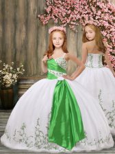  White Ball Gowns Embroidery and Belt Kids Formal Wear Lace Up Organza Sleeveless Floor Length