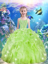 Modern Beading and Ruffles Little Girl Pageant Dress Yellow Green Lace Up Sleeveless Floor Length