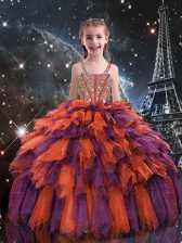 Exquisite Straps Sleeveless Girls Pageant Dresses Floor Length Beading and Ruffles Rust Red Tulle