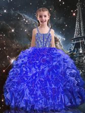 Dramatic Sleeveless Floor Length Beading and Ruffles Lace Up Child Pageant Dress with Royal Blue