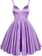 Custom Made Knee Length Lace Up Dama Dress for Quinceanera Lilac for Prom and Party and Wedding Party with Lace