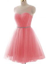 Vintage Watermelon Red Prom Gown Prom and Party and Beach with Ruching Scoop Sleeveless Lace Up