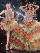  Multi-color Three Pieces Organza Sweetheart Sleeveless Beading and Ruffled Layers Floor Length Lace Up Quinceanera Dress