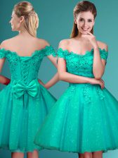 Hot Sale Tulle Off The Shoulder Cap Sleeves Lace Up Lace and Belt Dama Dress for Quinceanera in Turquoise